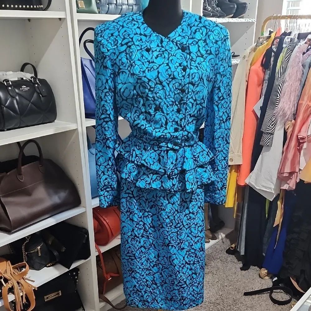 Maggy London Blue Pencil Skirt with Ruffled Tie Front